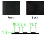 Black wood-look flooring panel with detailed dimensions and texture.