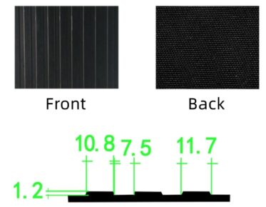 Black wood-look flooring panel with detailed dimensions and texture.