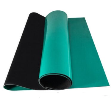 Flexible flooring sheets in black and turquoise for home and office installation.