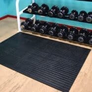 Rubber gym flooring mat with dumbbells and steel weights, Home or commercial fitness space.